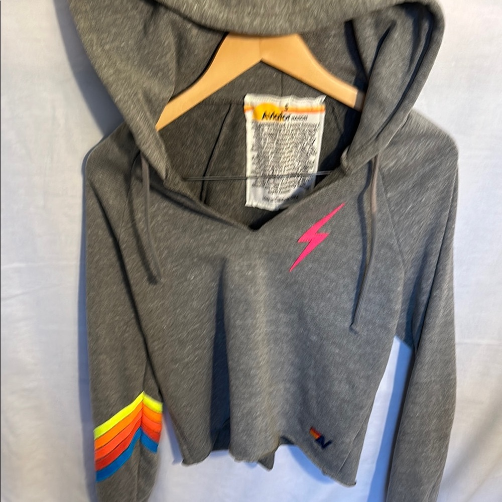 Aviator Nation Cropped Pullover Hoodie | Grey w. chevron sleeve & Pink Bolt (S)
